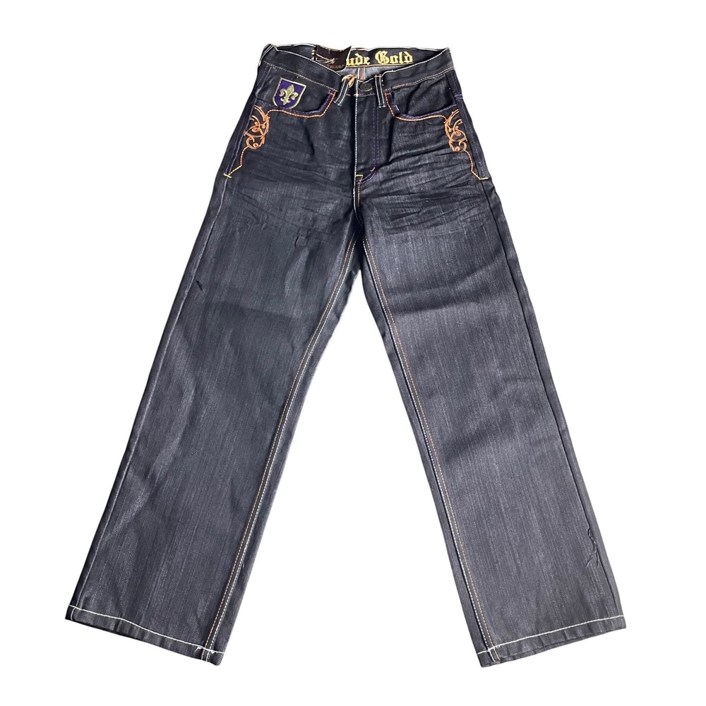 Rude Gold Jeans Embroidered Pockets Black Denim Straight Leg‎ Pants Size 8